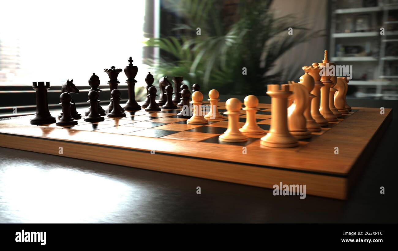 Schachbrett Queen's Gambit. Stockfoto