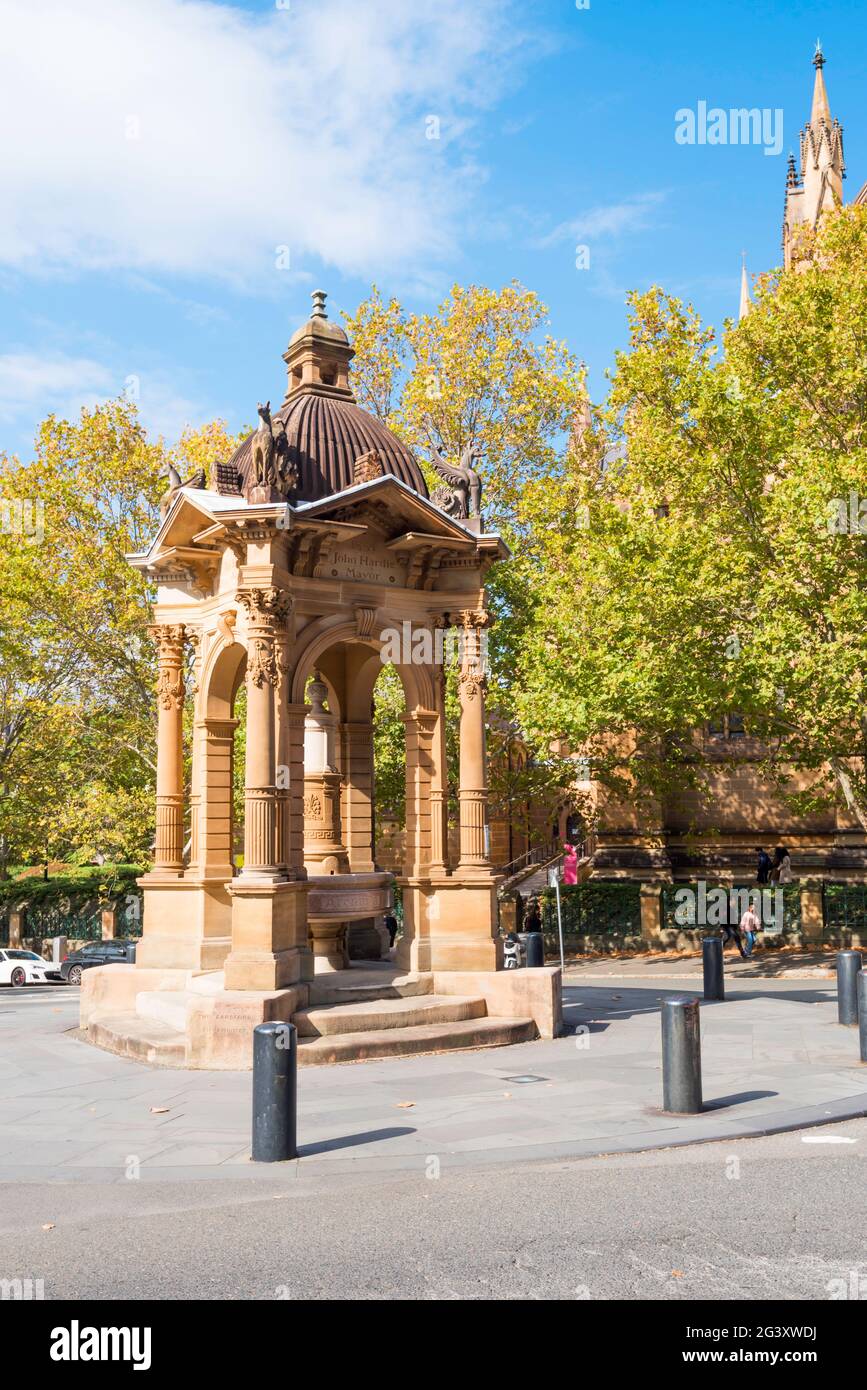 Der Frazer Trinkbrunnen, einer von zwei, die John Frazer MLC der Stadt gestiftet hat, ist ein öffentlicher Brunnen aus Pyrmont-Sandstein im Barockstil von 1884 Stockfoto