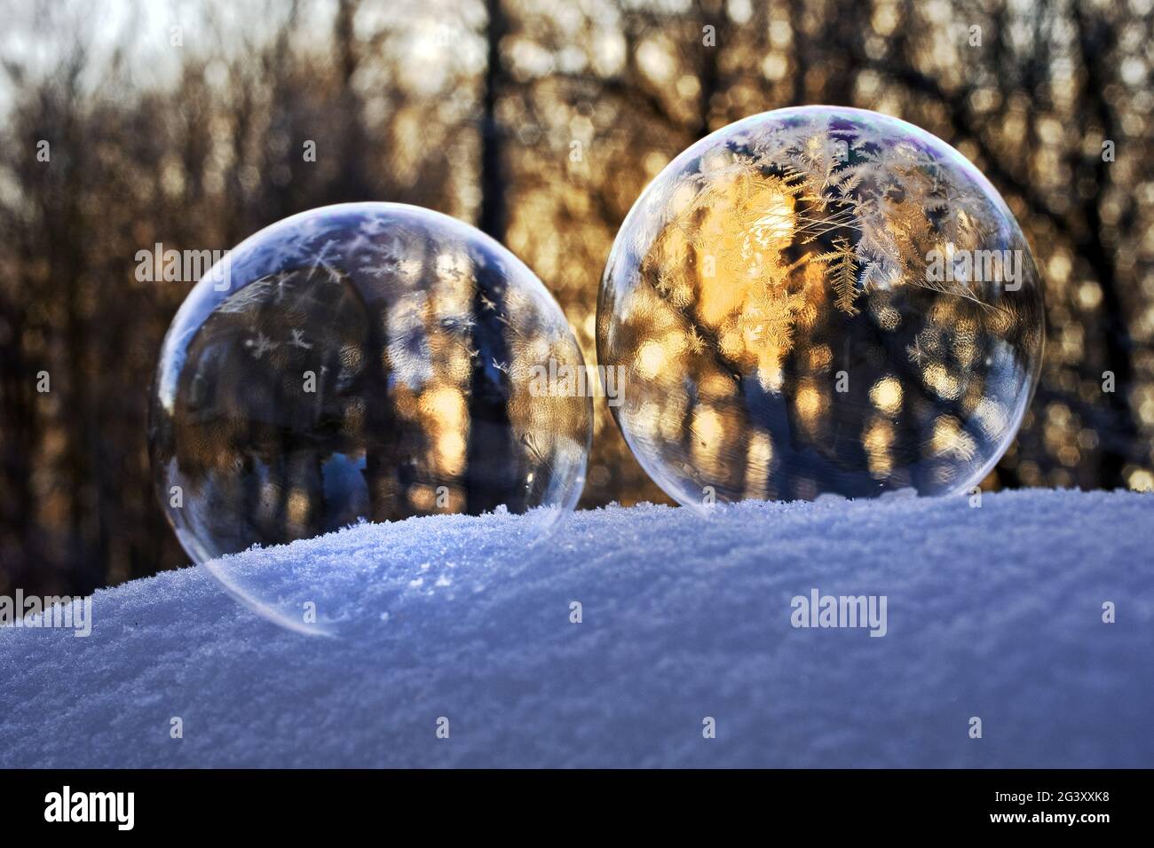 Eiskalte Seifenblasen mit Eiskristallen auf Schnee, Witten, Nordrhein-Westfalen, Deutschland, Europa Stockfoto