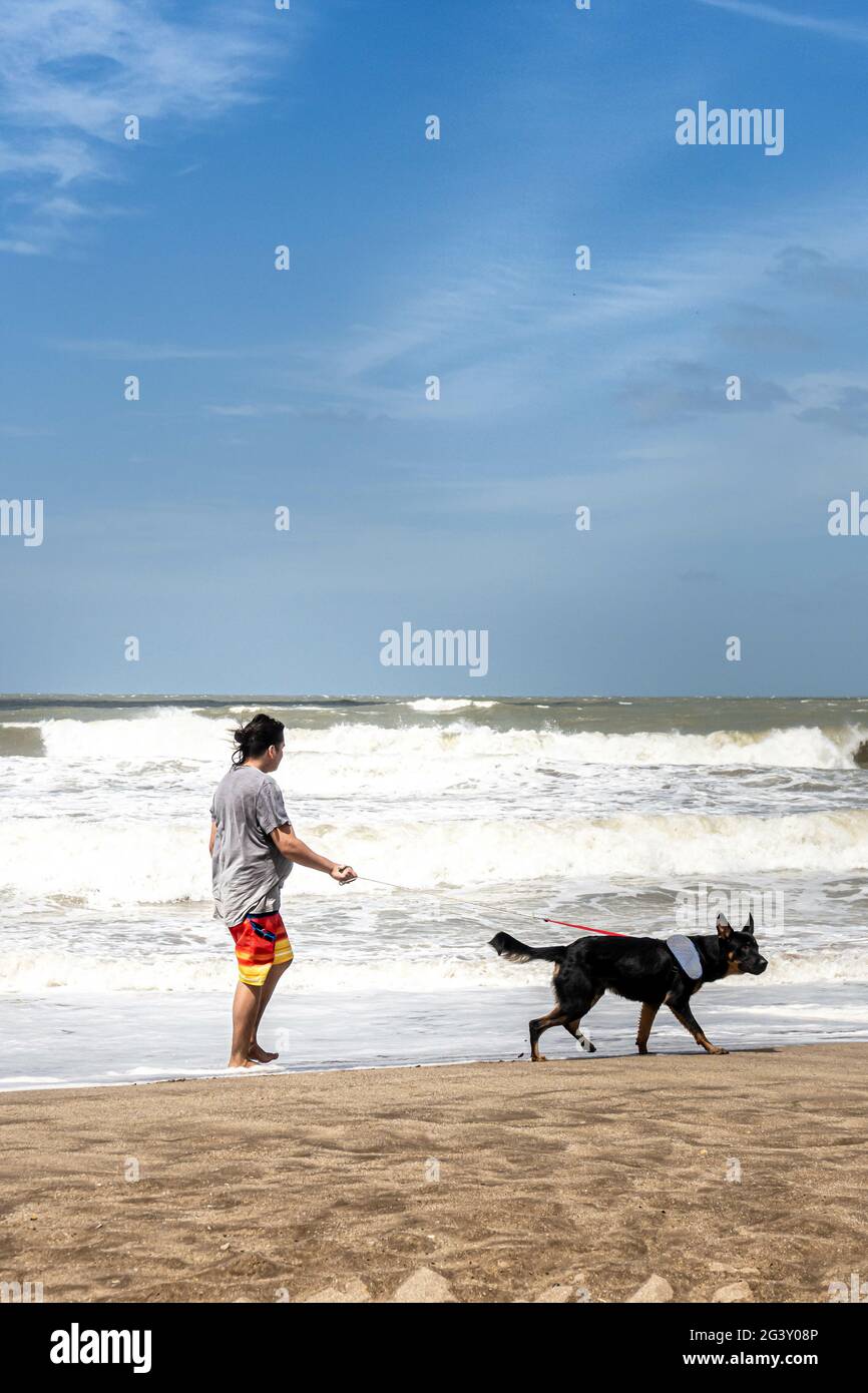 Mann, der mit seinem Hund an einem Strand entlang läuft. Stockfoto