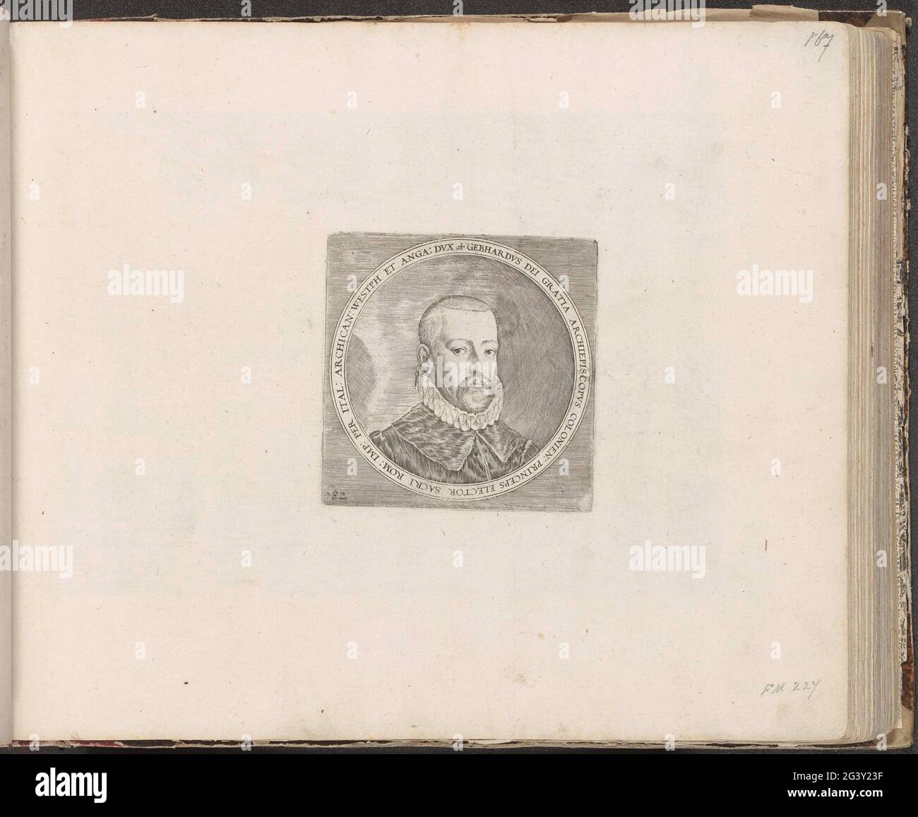 Porträt der abgesicherten Truchessess; Serie 8: Niederländische Veranstaltungen, 1577-1583. Porträt von Gebhard Truchessess, Keurvorst und Erzbischof von Köln 1583. Rundes Porträt, Büste rechts, mit einem peripheren lateinischen Rand. Links unten nummeriert: 183. Der Druck ist Teil eines Albums. Stockfoto