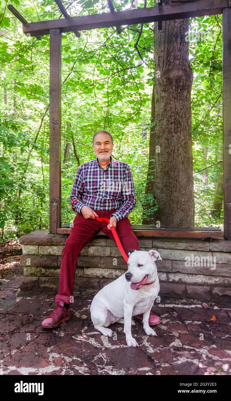 Ein älterer jüdischer Mann in den Siebzigern lächelt und sitzt im Frühling oder Sommer im Park auf einer Bank mit einem weißen Pitbull-Terrier-Hund. Stockfoto