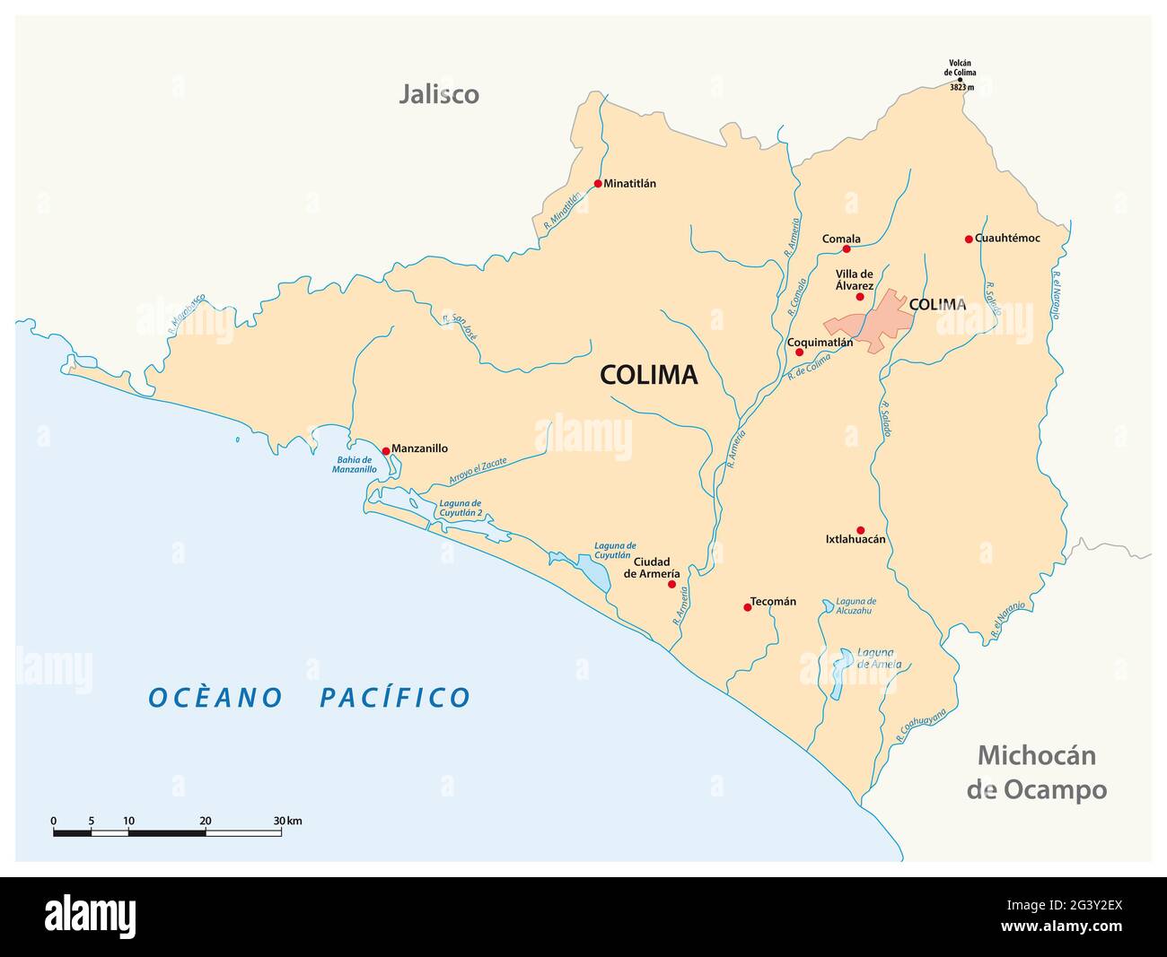 Vektorkarte des mexikanischen Bundesstaates Colima Stockfoto