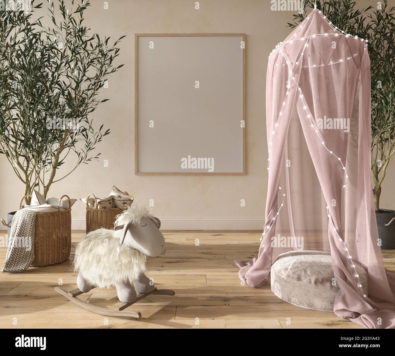 Kinderzimmer Mädchen Interieur skandinavischen Stil mit natürlichen Holzmöbeln. Rahmen auf Wandhintergrund nachahmen. Kinder Bauernhaus Stil 3d Rendering krank Stockfoto