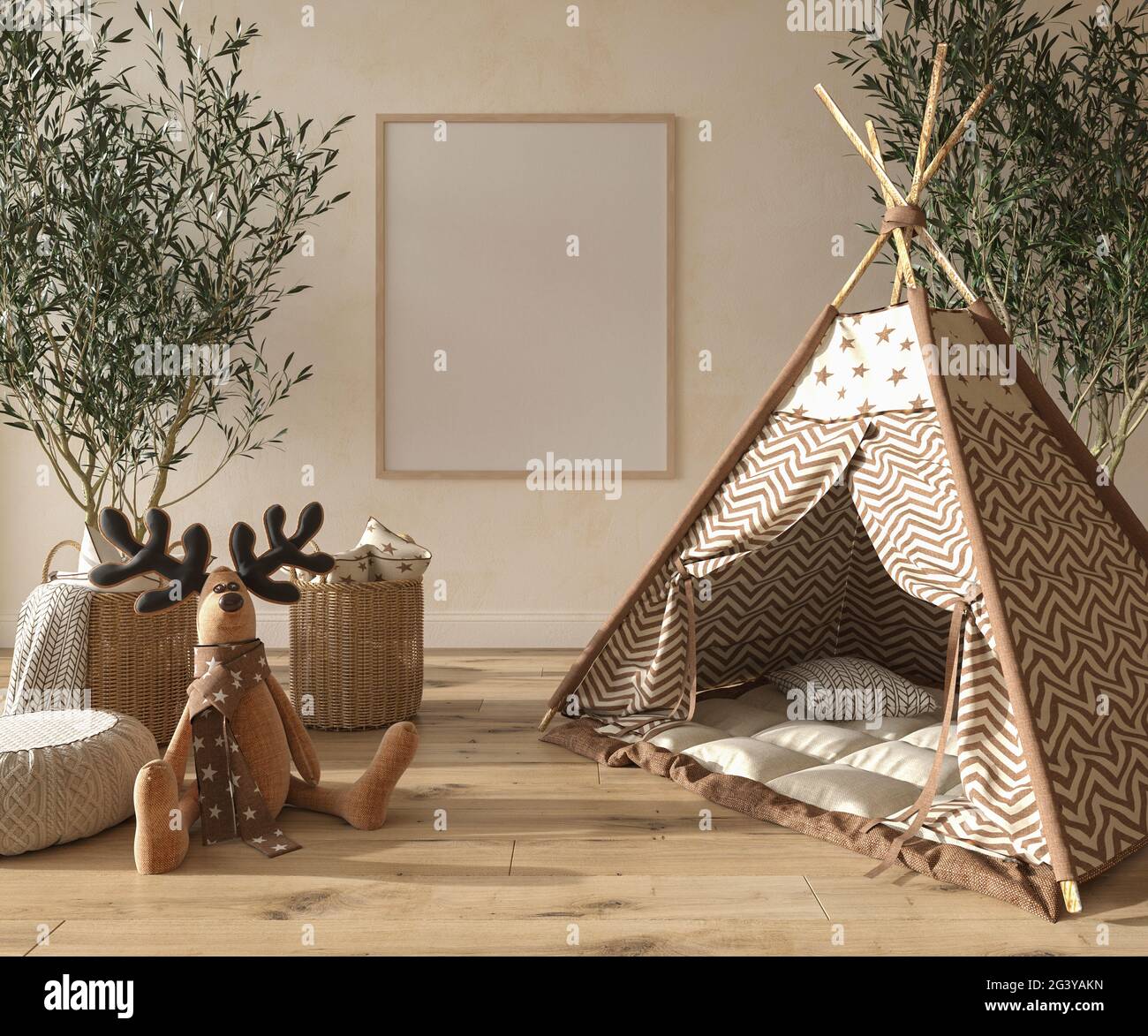 Die Einrichtung des Kinderzimmers im skandinavischen Stil mit Naturholzmöbeln. Rahmen auf Wandhintergrund nachahmen. Kinder Bauernhaus Stil 3d-Rendering illustrat Stockfoto