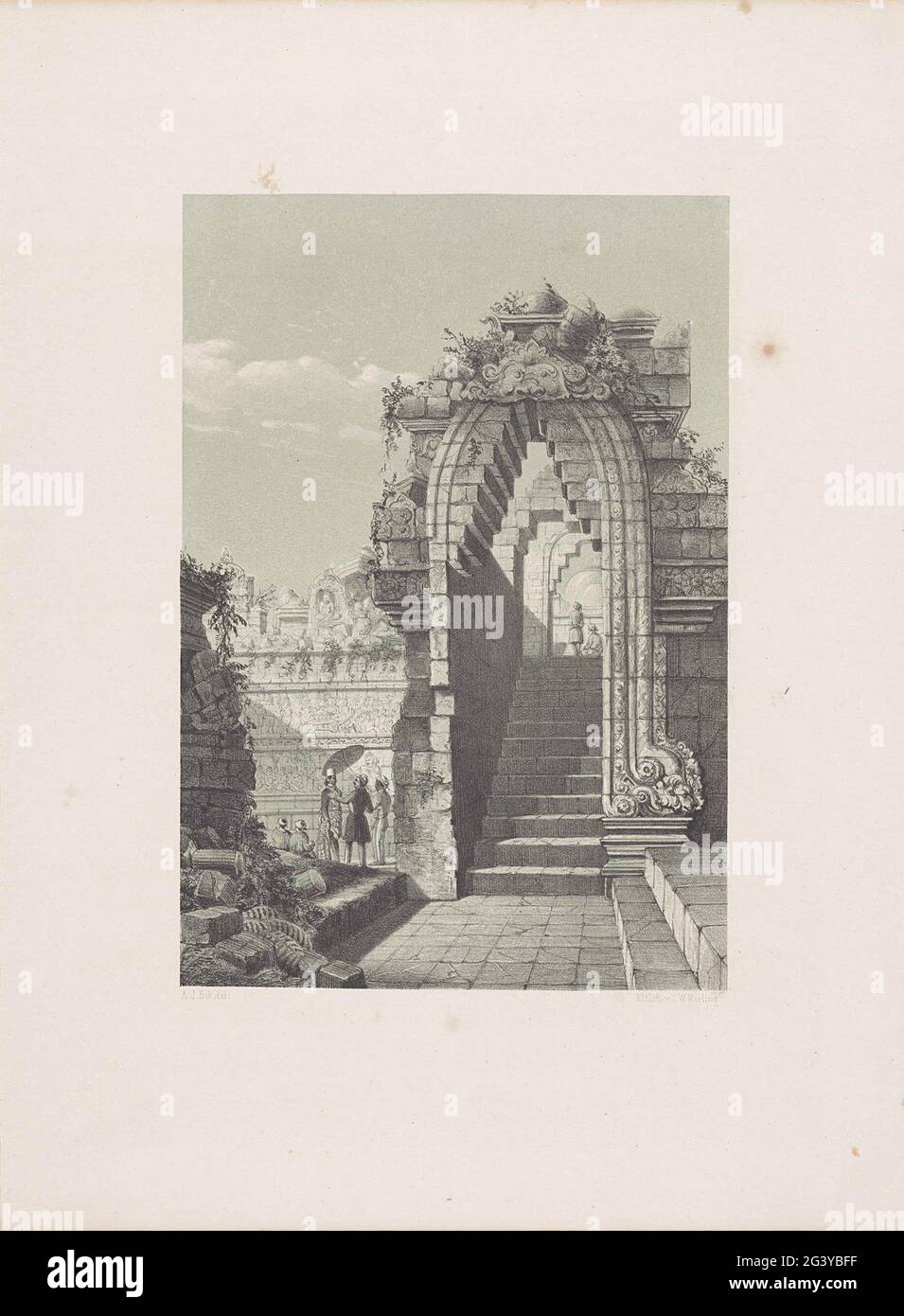 Ruine von Borobudur. Ruine des Sanctuary Borobudur in Jogyakarta. Ein paar Figuren laufen zwischen den Ruinen. Zentral ist eine Treppe, die mit einem spitzen Bogen bedeckt ist. Auf der linken Seite schützt ein Adliger durch einen Angestellten mit einem Sonnenschirm vor der Sonne. Der Tempel ist abgelaufen und teilweise mit Pflanzen überwuchert. Stockfoto