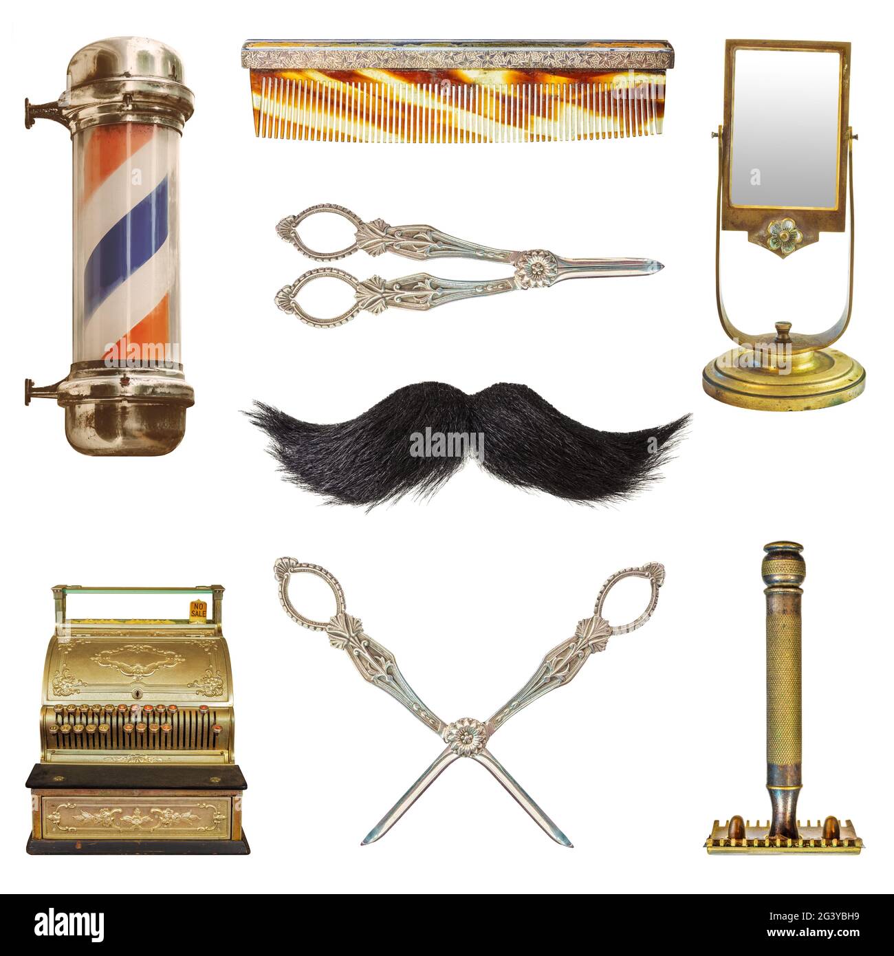 Vintage Friseur und Friseur Objekte mit Schnurrbart isoliert auf weißem Hintergrund Stockfoto