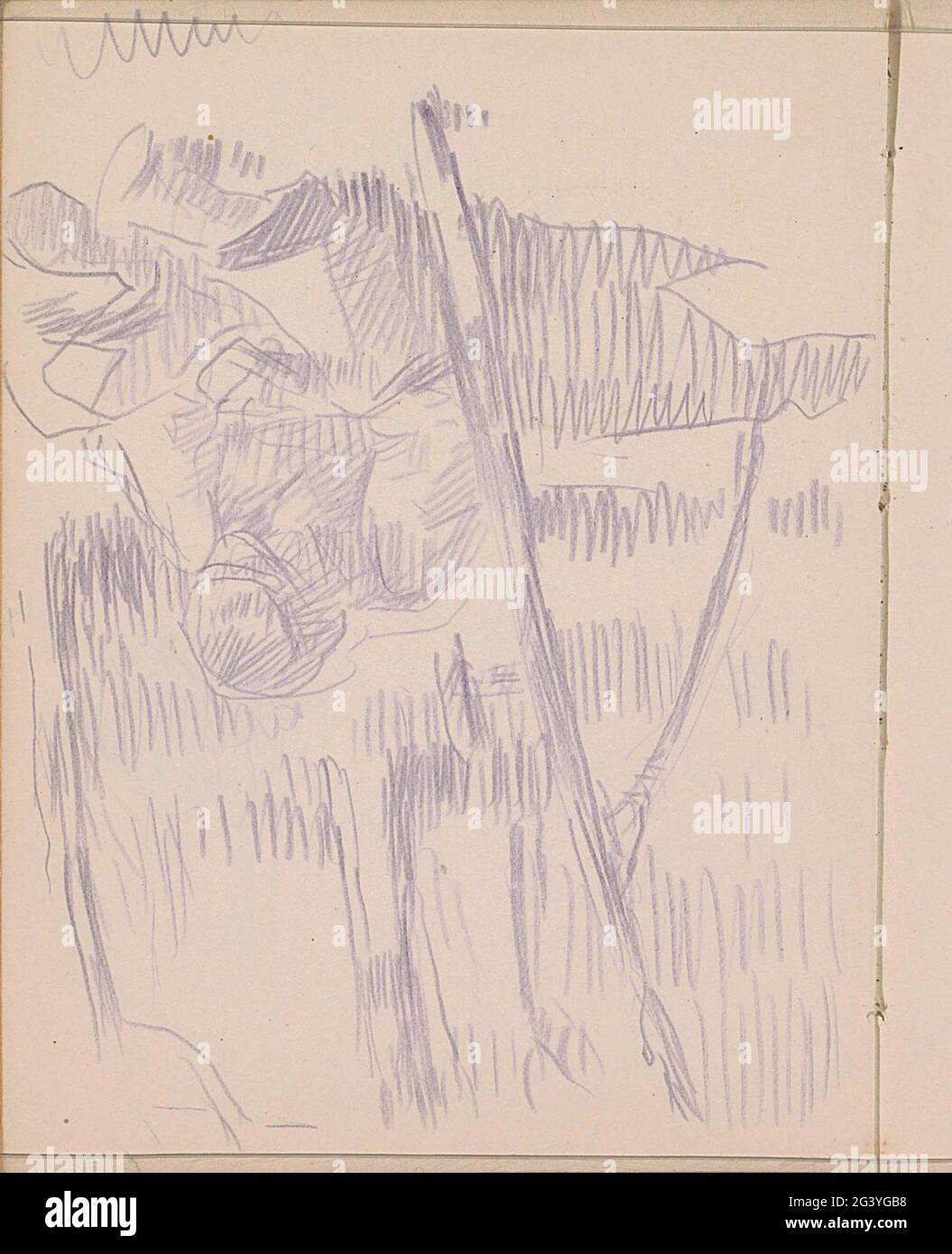 Sitzender Mann im Gras unter den Bäumen. Der Mann trägt eine Mütze und hat den Kopf zu seinem Schoß gebogen. Blatt 25 Verso aus einem Skizzenbuch mit 72 Blättern. Stockfoto
