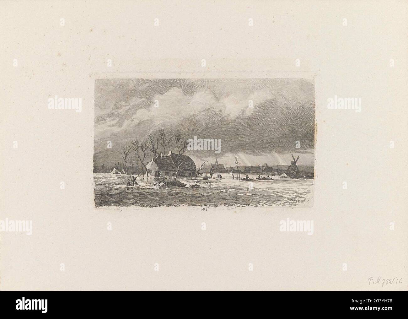 Waters Need in Veenendaal, 1855; gesehen Veenendaal van de Klomp, 24. März; die Wasserkatastrophe von 1855, die in 24 Bildern skizziert wurde, von Mitgliedern der Gesellschaft Arti et Amicitiae zur Natur gezogen und geätzt wurde. Blick auf Veenendaal von De Klomp, 24. März 1855. Im Vordergrund ein wasserbewirtschaftter Bauernhof. Teil der Serie von 24 Drucken über die Flut vom März 1855, von Mitgliedern der Arti et Amicitiae Society. Ausgabe für die Opfer der Flut. Stockfoto