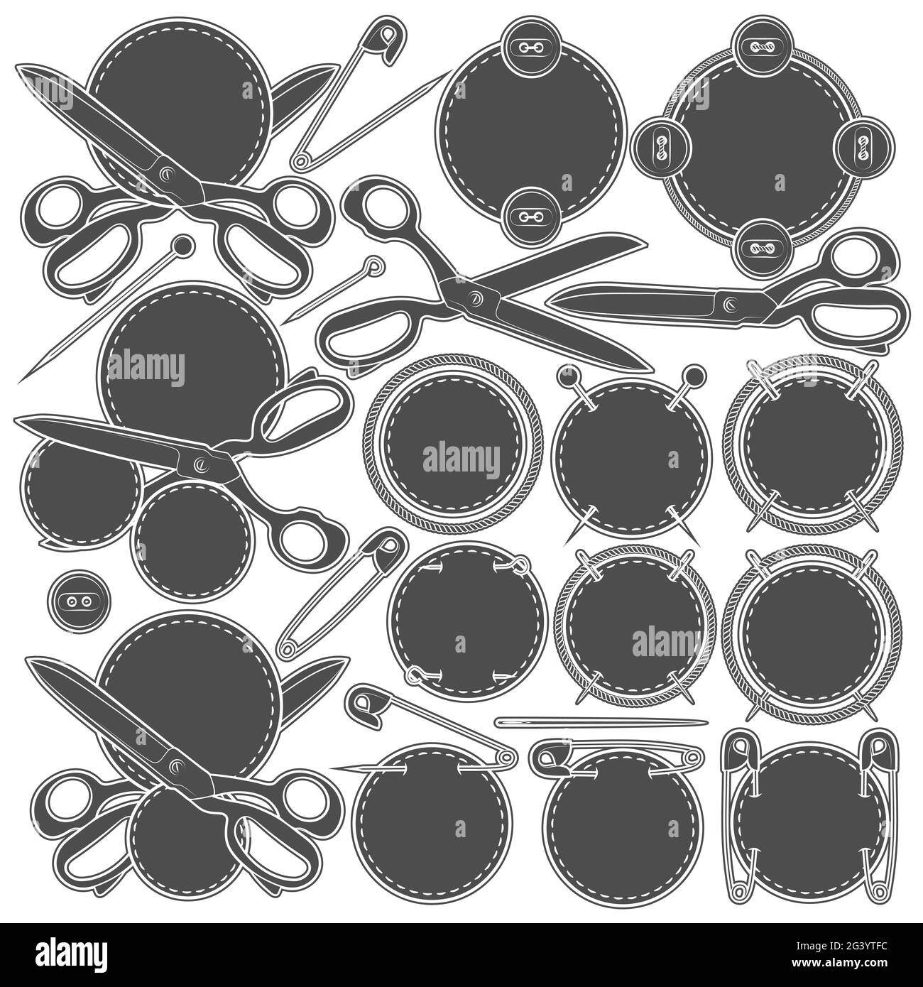 Set von Vektorschildern mit Nähzubehör. Isolierte Objekte auf weißem Hintergrund. Stock Vektor