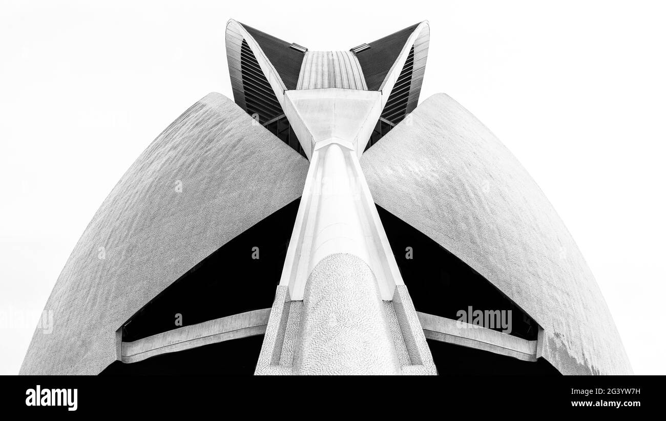 Abstrakte Nahaufnahme des Opernhauses in der Stadt der Künste und Wissenschaften in Valencia Stockfoto