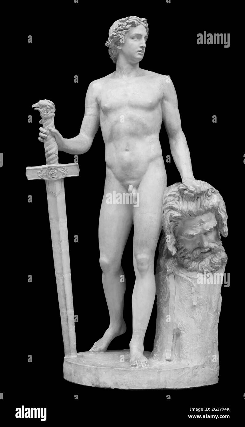 David und Goliath Kopf alte Statue. Biblische Geschichte. Antike Skulptur isoliert auf schwarzem Hintergrund Stockfoto