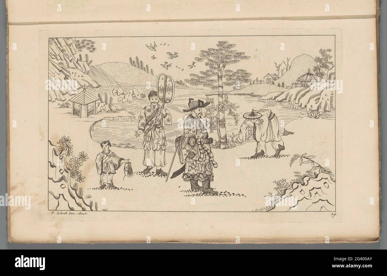 Vier chinesische Figuren in einer Landschaft; Neue inkonvierte Sinesen mit großem Moeyte kompliziert und darin gegeben, von P. Schenk Jun (...), zweiter Teil. Vier chinesische Figuren in einer Landschaft mit Wasser im Hintergrund. Ein Kind auf der linken Seite. Chinesische Männer in der Mitte zwei reich erschöpft. Rechts ein Mann, der sich beugt. Print ist Teil eines Albums. Stockfoto