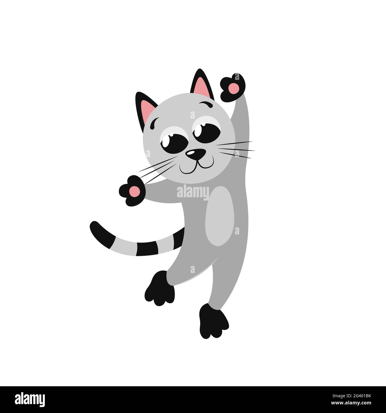 Ein kleines graues Cartoon-Kätzchen tanzt auf seinen Hinterbeinen lustig. Schöne niedliche flache Illustration für Kinderzimmer Dekor. Cooler Druck für Poster, Geschenkkarte, Stock Vektor