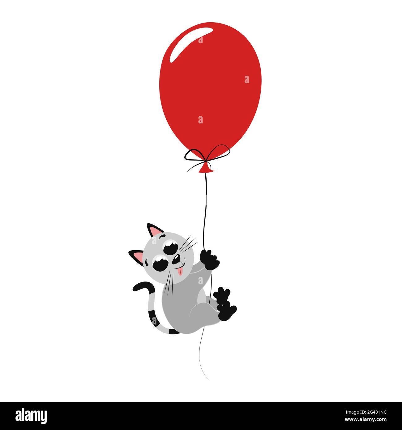 Schöne flache Illustration mit niedlichen Kätzchen für Kinderzimmer-Dekor. Kleine graue Katze fliegt auf rotem Ballon. Originaldruck für Geburtstagsgeschenk Stock Vektor