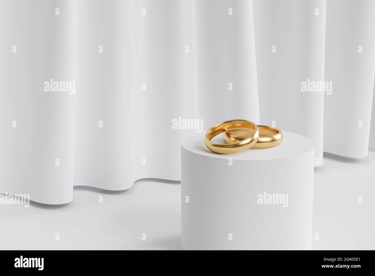 Zwei goldene Eheringe auf Podium oder Podest, Hintergrund mit weißen Vorhängen, 3d-Rendering Stockfoto