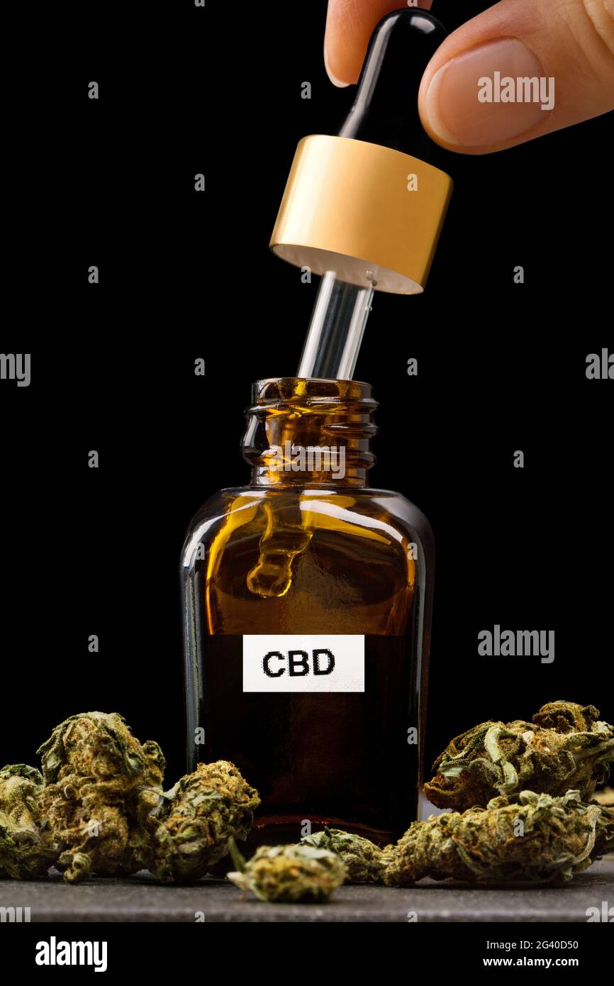 Nehmen von CDB-Öl. Medizinisches Marihuana. Stockfoto