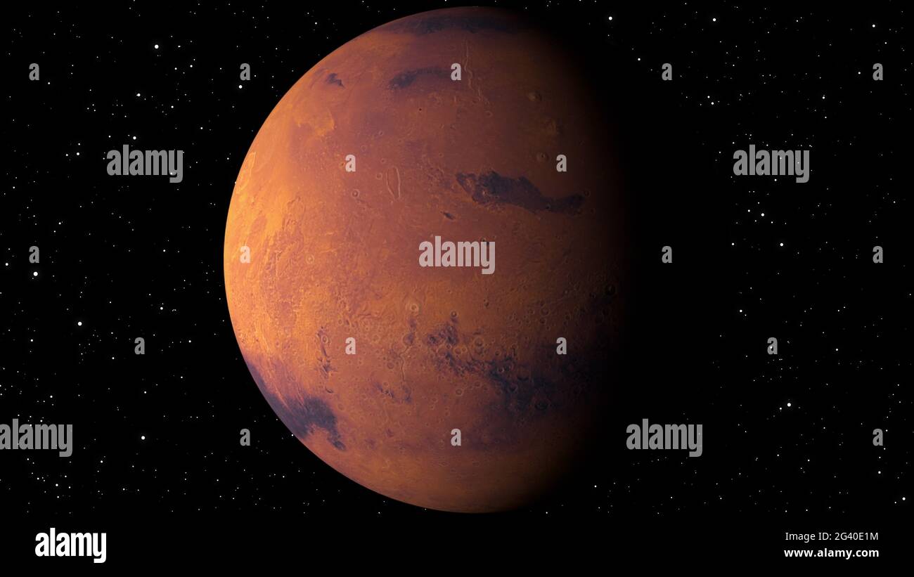 Planet Mars mit Glanz, computergeneriert. 3d-Wiedergabe eines realistischen kosmischen Hintergrunds. Elemente dieses Bildes werden von dargestellt Stockfoto
