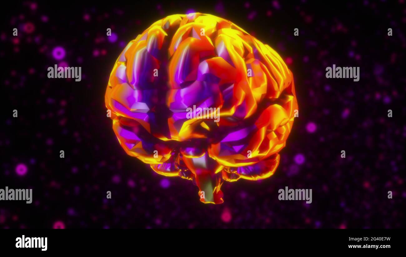 Computergeneriertes Modell der künstlichen Intelligenz. 3d-Rendering des irisierenden Gehirns vor dem Hintergrund von Neon verschwommen p Stockfoto