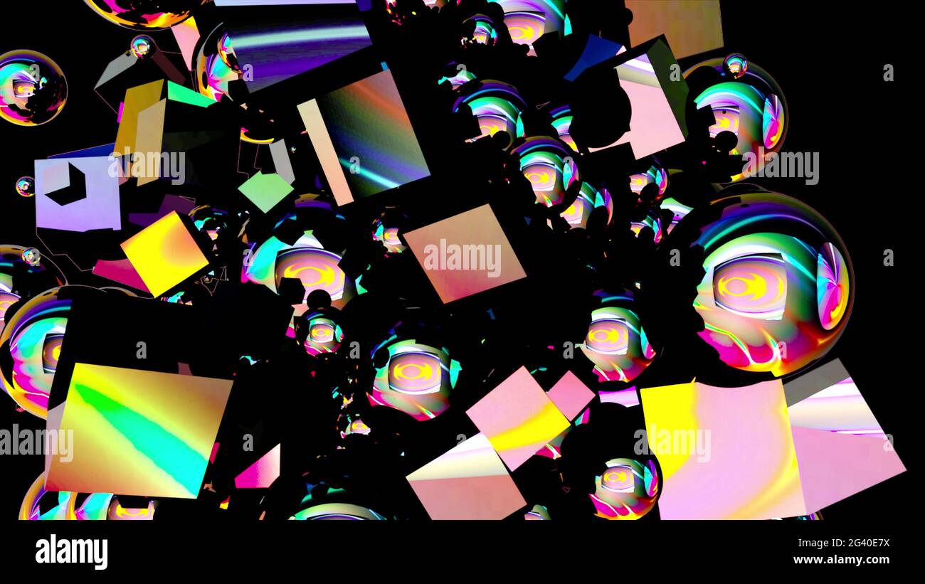 Mehrfarbige zufällige Würfel füllen den Bildschirm, Computer generiert. 3d Rendering Neon Hintergrund Stockfoto