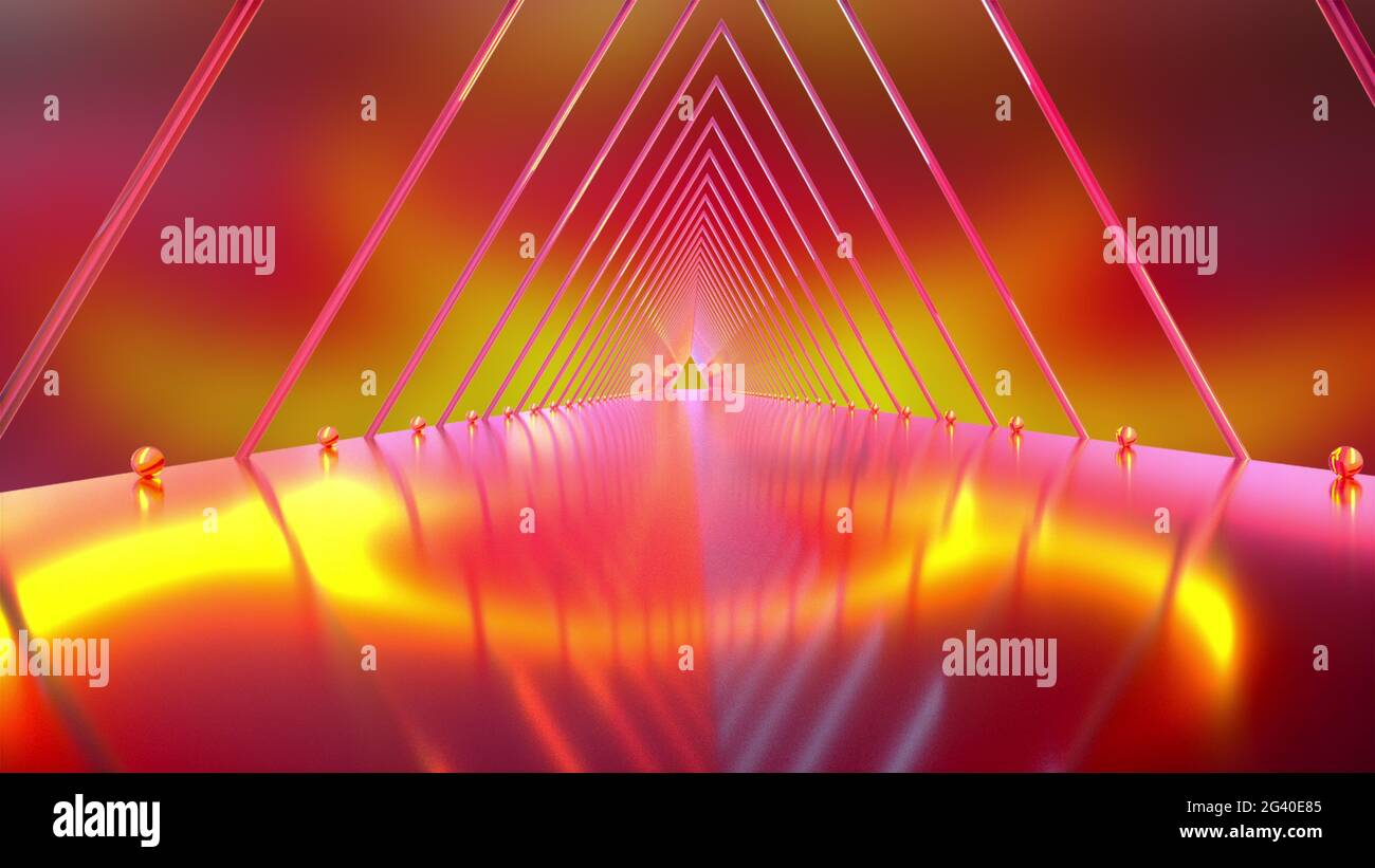 Neon Straße aus dem dreieckigen Arcade und Kugeln, Computer generiert. 3d-Rendering des virtuellen Backgdrop Stockfoto