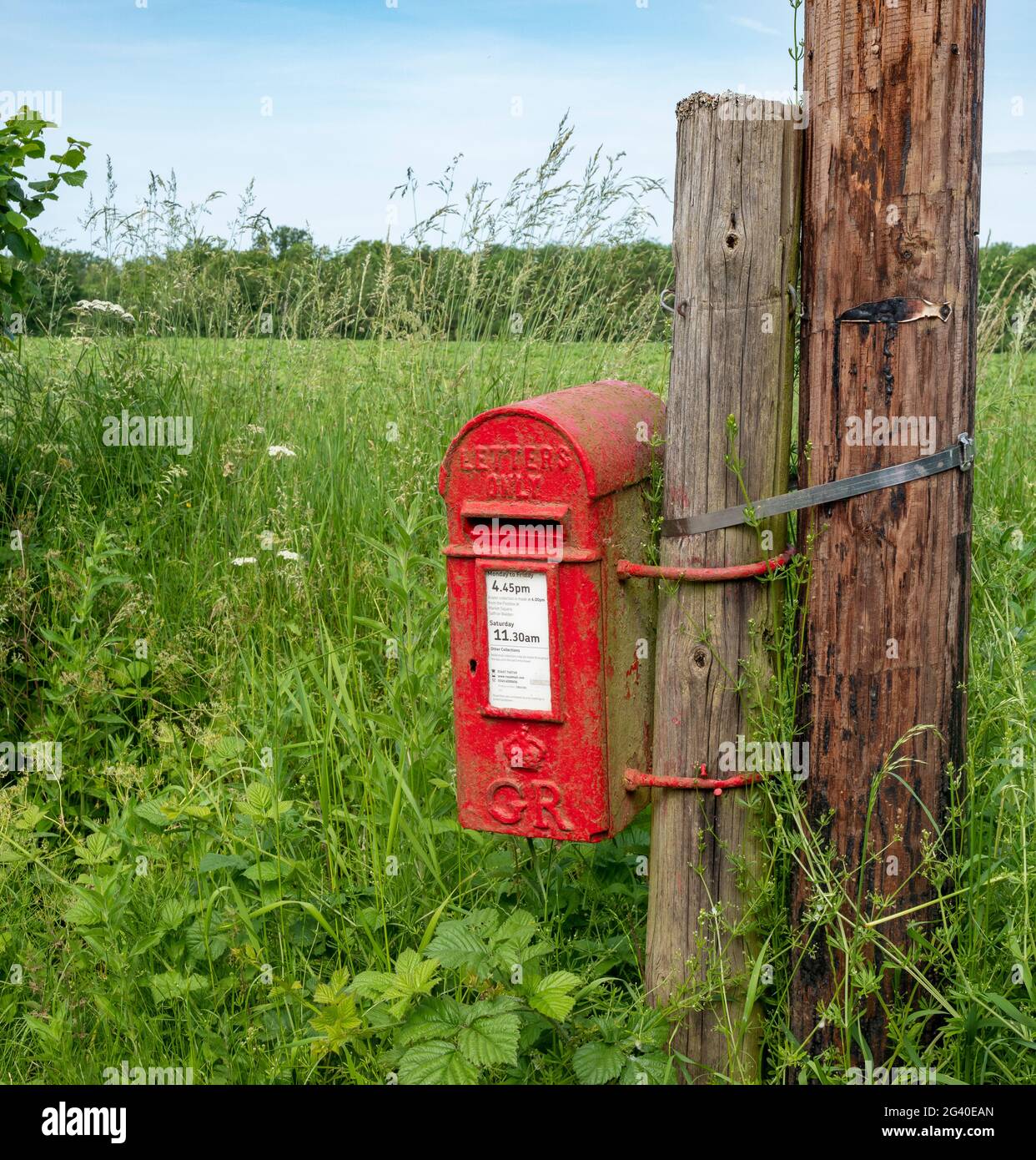 Roter Pfosten montiert George 5., nur Buchstaben, Briefkasten in einer ländlichen Umgebung mit einem Feld hinter Stockfoto