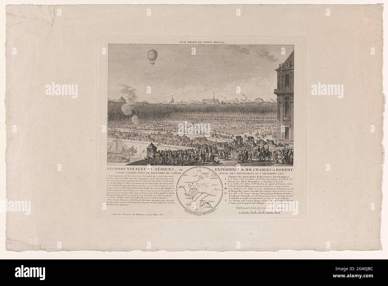 Ballonvlucht Door of Hereren Charles en Robert van Parijs naar Beaumont, gezien vanaf of Tuilleriën; Second Air Travelers, oder MM's Experience. Charles und Robert, die am 1. Dezember in Paris im Parterre des Königlichen Gartens der Tugs hergestellt wurden. Blick von der königlichen Brücke. . Stockfoto
