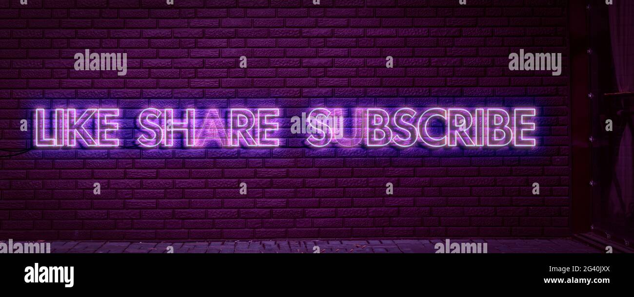 Wie teilen und abonnieren Neon-Zeichen an der Wand, Konzept der Online-Medien-Trends Stockfoto