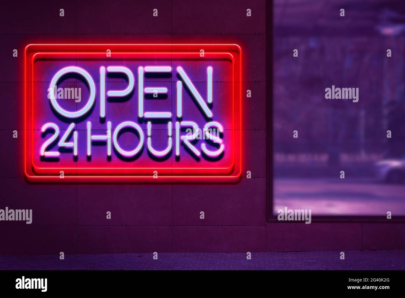 Wir sind 24/7 Stunden geöffnet Neon-Schild an der Wand, Nachtleben beleuchtet leuchten Stockfoto