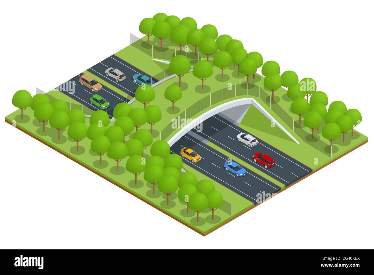 Isometrische Schnellstraße mit einer Brücke für Wildtiere. Brücke über eine Autobahn im Wald Stock Vektor