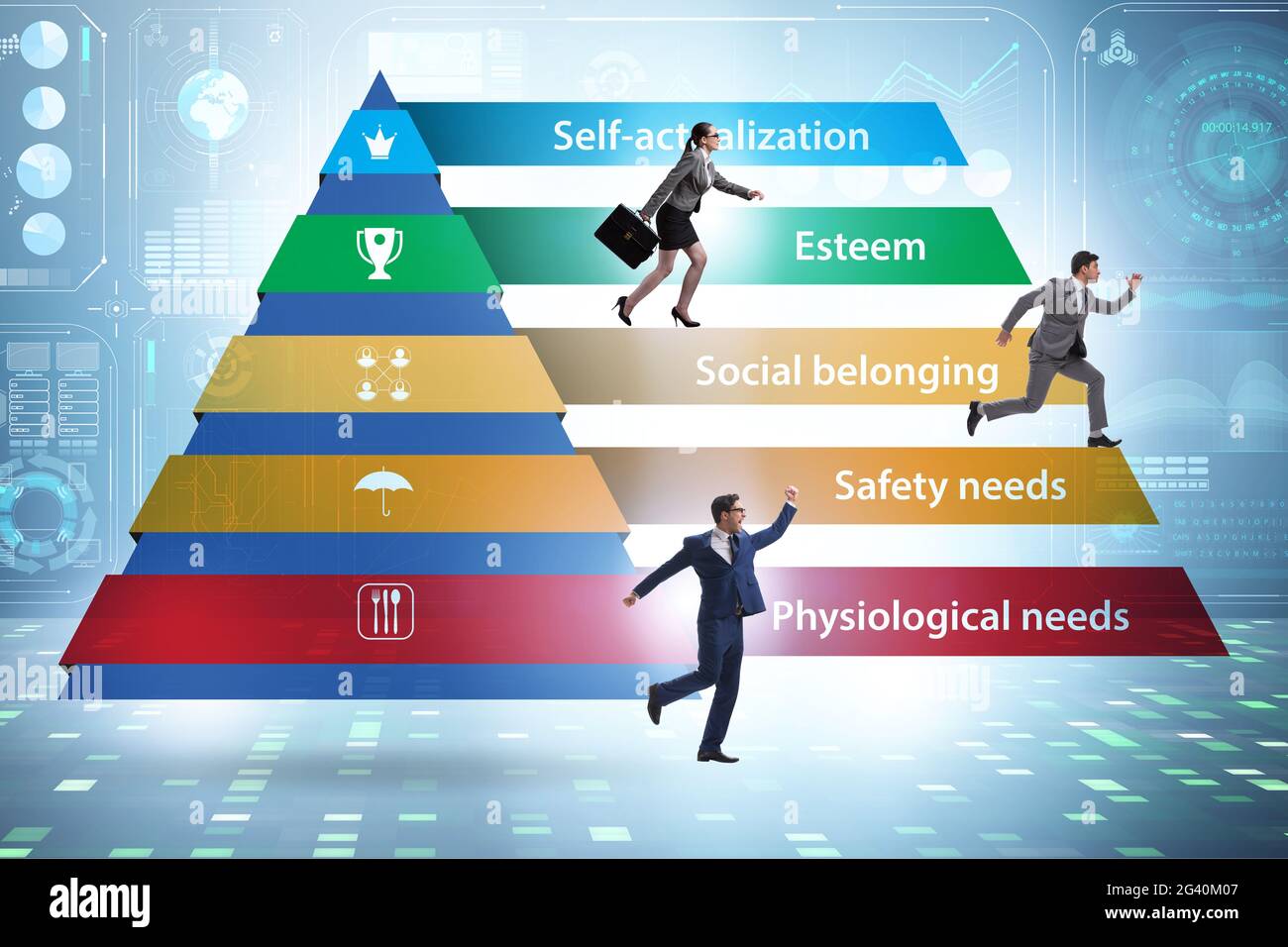 Konzept der Maslow Hierarchie der Bedürfnisse mit Geschäftsmann Stockfoto