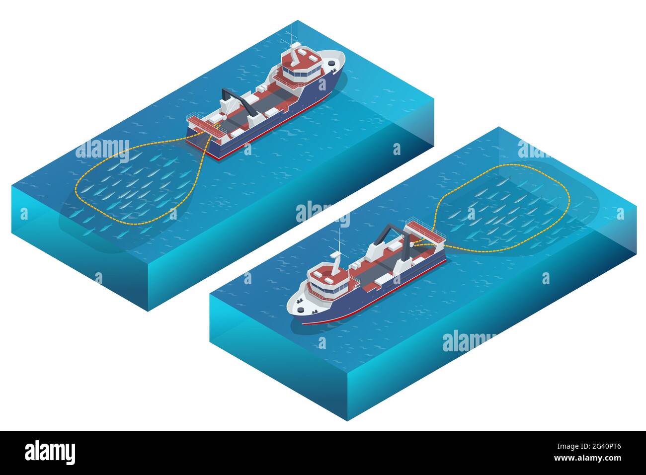 Isometrische Schifffahrt Meeresfrüchte Industrie Boot isoliert auf weißem Hintergrund. Fischerei Handelsschiffe, Fischer Seeboot Seefischen, Schiffsindustrie Stock Vektor