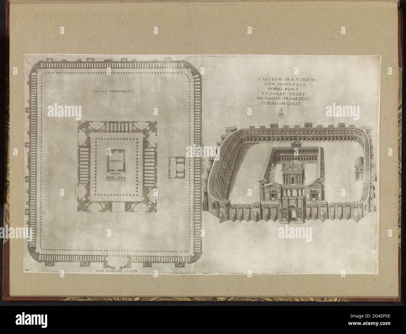 Castrum praetorium in Rom; Castrum praetorium; Speculum Romanae Magnificentiae. Links ein Grundriß und rechts ein Gesicht des Prätoriums Castrum, der Burg des Prätorianerbesen, in Rom. Der Druck ist Teil eines Albums. Stockfoto