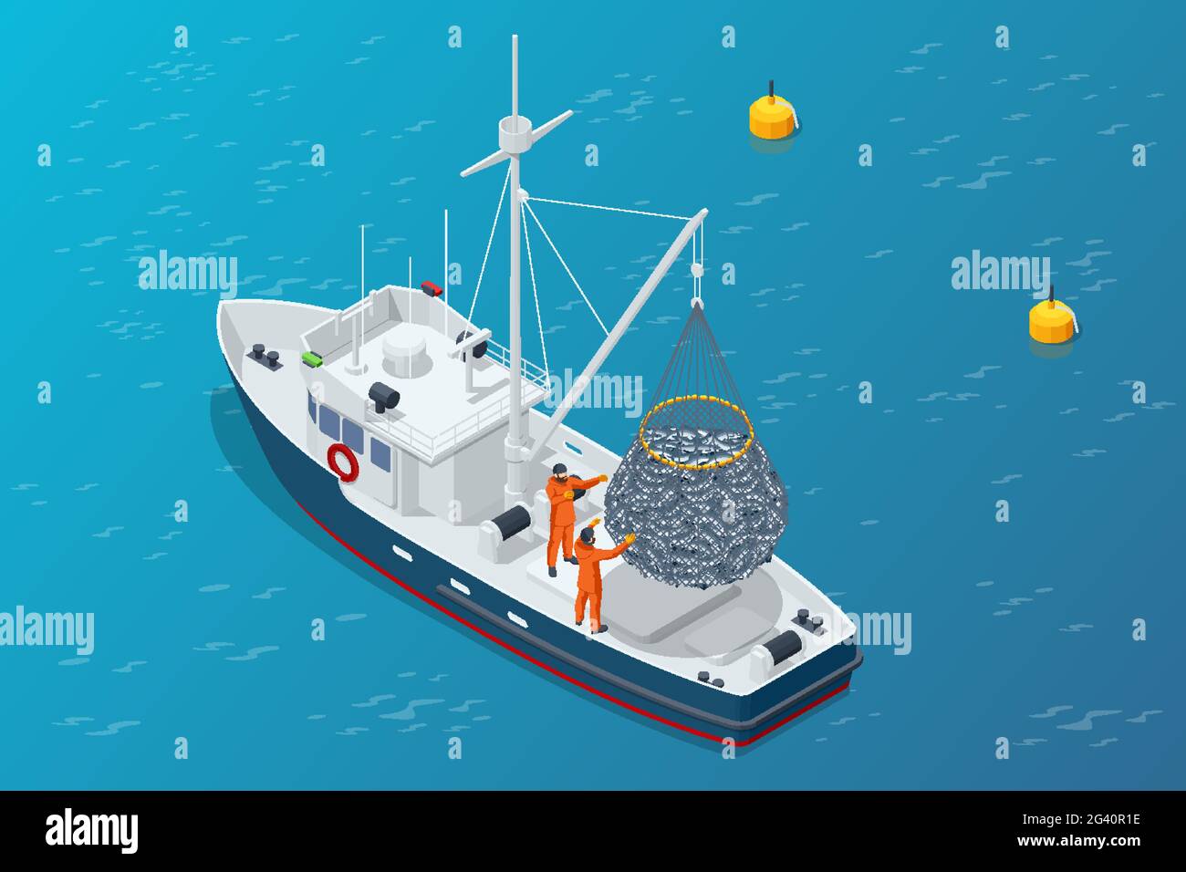Isometrische Schifffahrt Meeresfrüchte Industrie Boot isoliert auf weißem Hintergrund. Kommerzieller Seeverkehr Seefischerei, Schiffsindustrie, Fischboot Stock Vektor