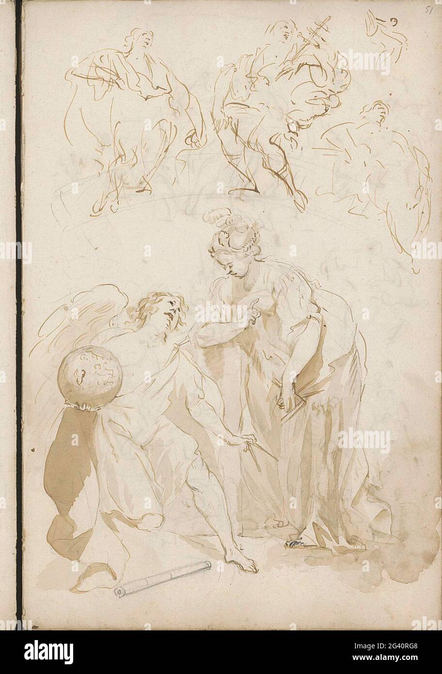 Allegorische Leistung mit Messgeräten. Ein Engel mit einem Globus und Passant in der Hand kniet auf eine Frau, die einen Einkaufhaken in der Hand hat und mit ihrem Finger nach oben zeigt. Im Vordergrund ist eine Rolle, möglicherweise eine gerollte Karte. Seite 51 aus einem Skizzenbuch mit 72 Seiten. Stockfoto