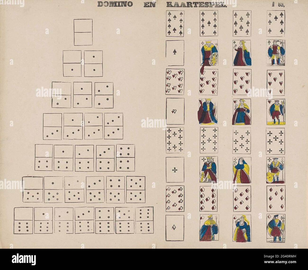 Domino und Kartenspiel. Blatt mit 32 Spielkarten und 28 Dominosteinen zum Ausschneiden. Rechts oben nummeriert: N. 83. Stockfoto