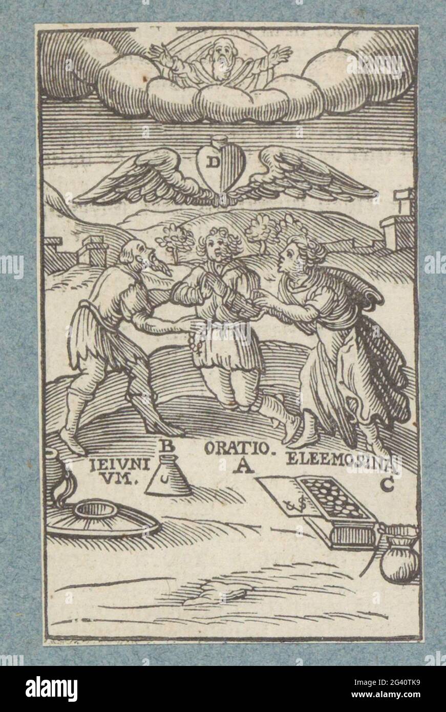 Gottes Gnade. Ein Mann, ein Junge und eine Frau sind demütig gegenüber Gott dem Vater. Der Mann hat einen Rosenkranz, der Junge betet. Das geflügelte Herz symbolisiert ihre Liebe zu Gott. Die Objekte im Vordergrund zeigen die Dinge, die zur Gnade Gottes führen: Fasten, Beten und Almosen geben. Der Druck ist Teil eines Albums. Stockfoto