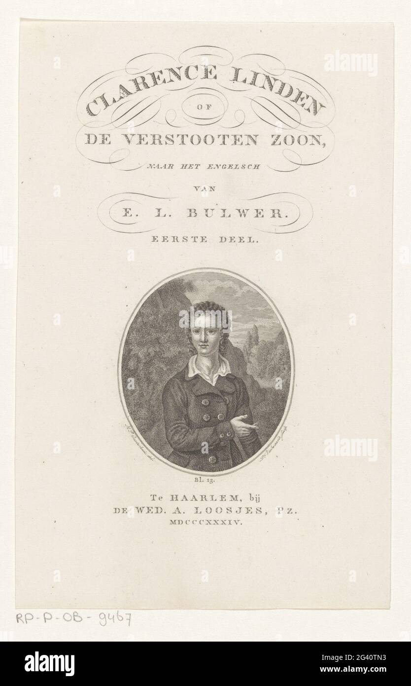 Porträt eines jungen Mannes; Titelseite für: e.l. Bulwer, Clarence Linden oder der Subtraktionssohn, 1834. Porträt eines jungen Mannes mit lockigen Haaren vor einem bergigen Hintergrund. Stockfoto