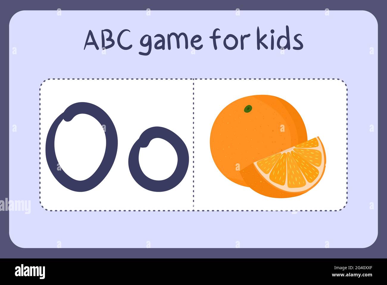 Kind Alphabet Mini-Spiele im Cartoon-Stil mit dem Buchstaben O - orange. Vektor-Illustration für Spiel-Design - Schneiden und spielen. Lerne abc mit Flash-Karten für Obst und Gemüse. Stock Vektor