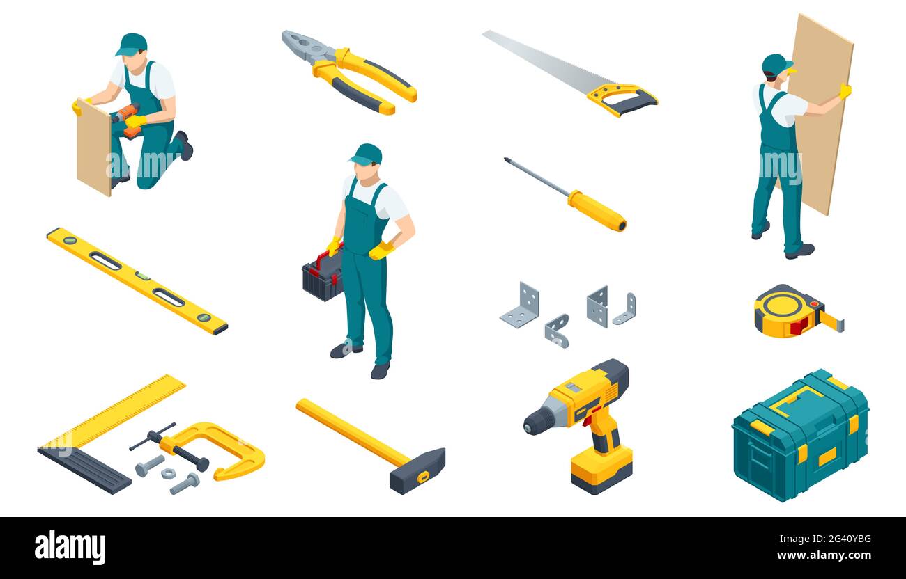Großer Satz von Bauwerkzeugen. Bohrer, Hammer, Bügelsäge, Maßband, Zangen, Zangen, Schraubenschlüssel, Hefter, Rollen- und Werkstattmeister oder Mechaniker mit einem Stock Vektor