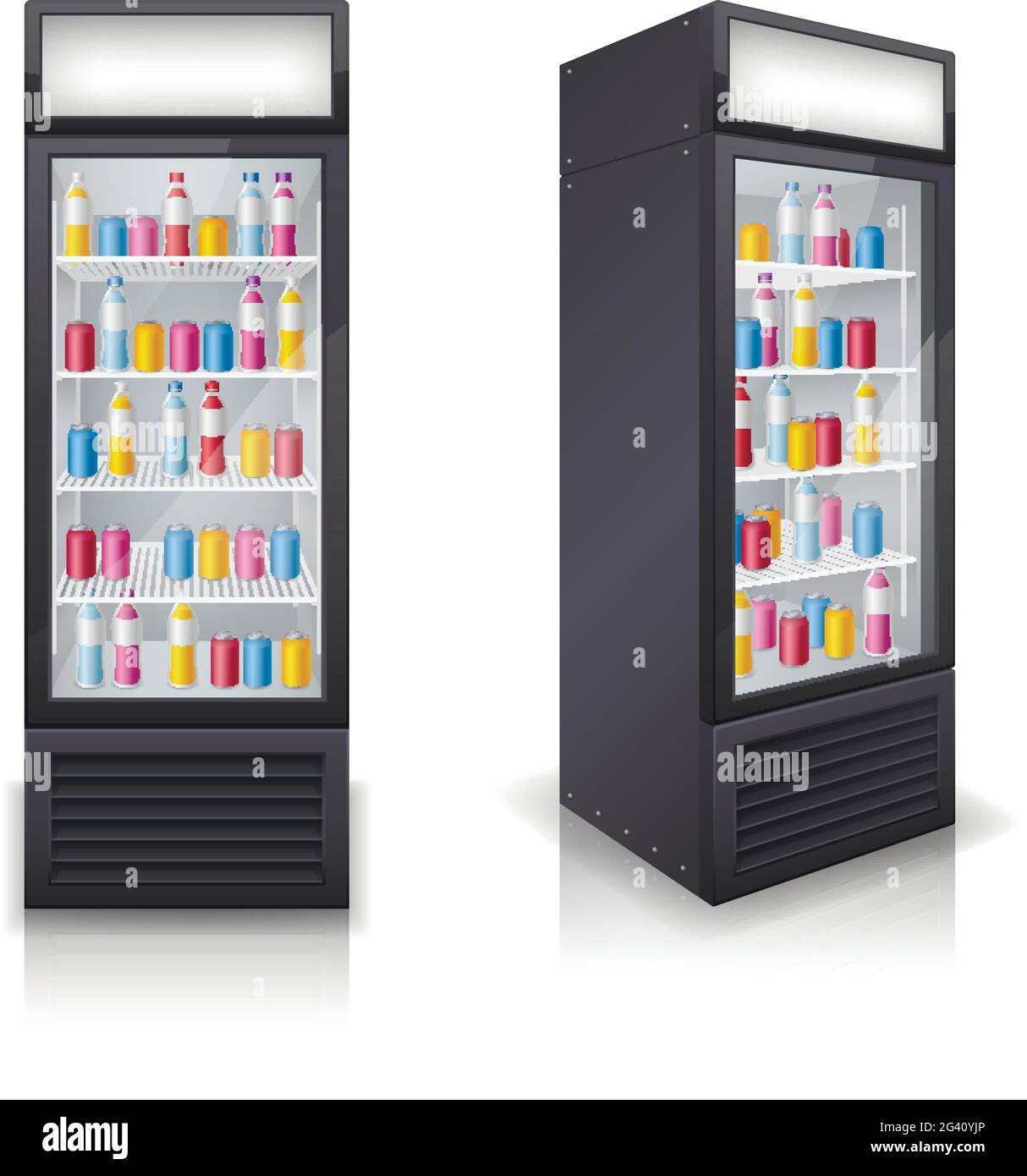 Getränke Kühlschrank geschlossen Display Tür gefüllt mit bunten  Erfrischungsflaschen vorne und eckige Ansichten realistische  Vektor-Illustration Stock-Vektorgrafik - Alamy
