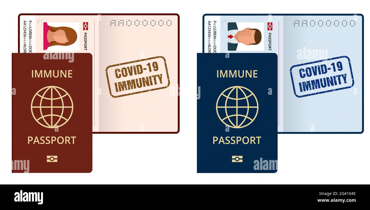 COVID-19 Immunity Passport, Immunitätszertifikat, Impfpass. Internationaler Reisepass mit Beispiel für persönliche Daten. Stock Vektor