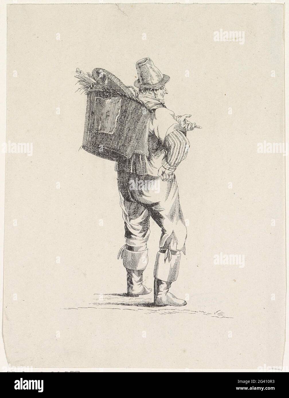 Straßenverkäufer mit Korb auf dem Rücken. . Stockfoto