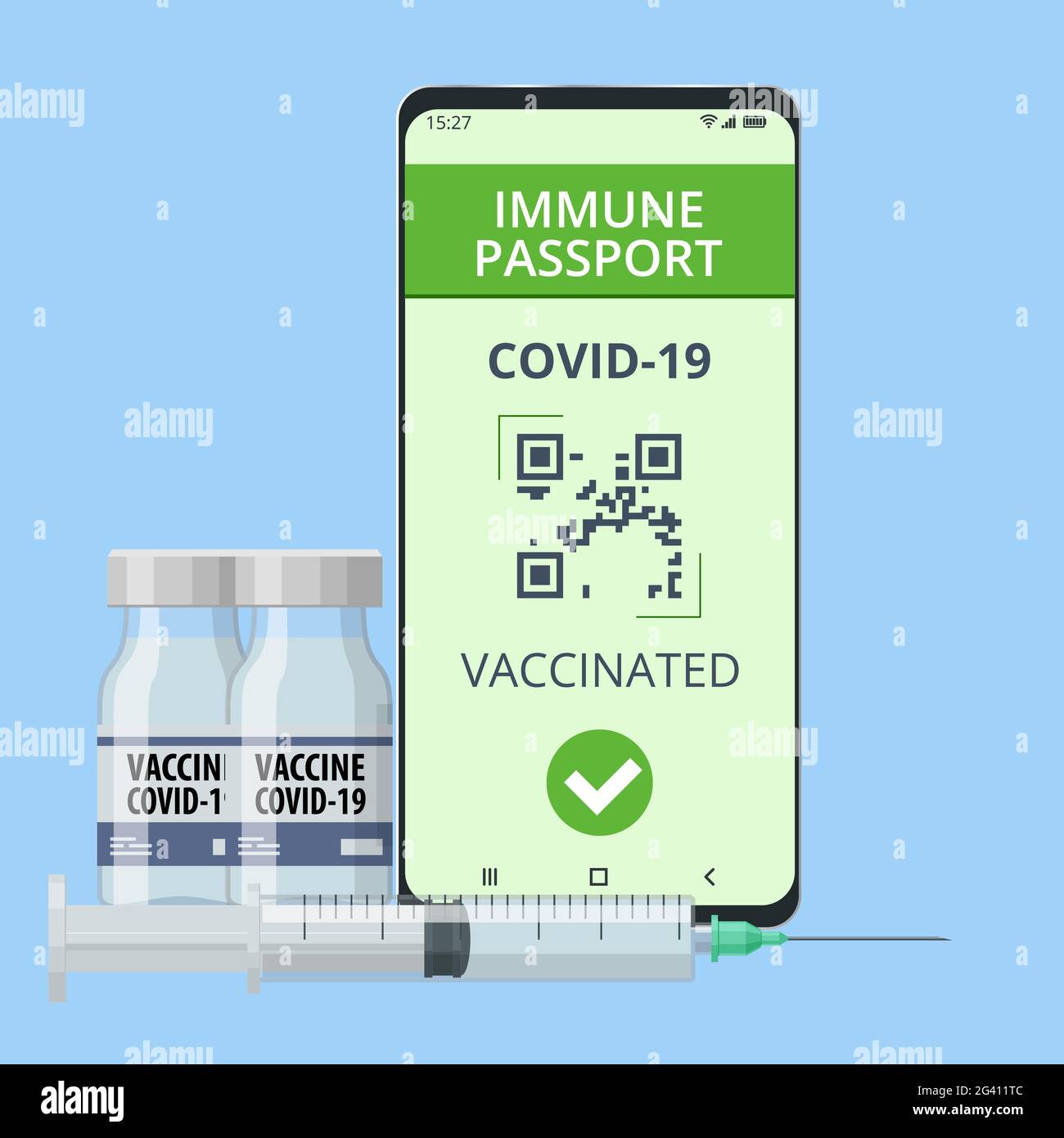 Mobiltelefon mit digitalem Immun-Gesundheitspass für covid-19. COVID-19 Immunity Passport, Immunitätszertifikat, Impfpass. Stock Vektor