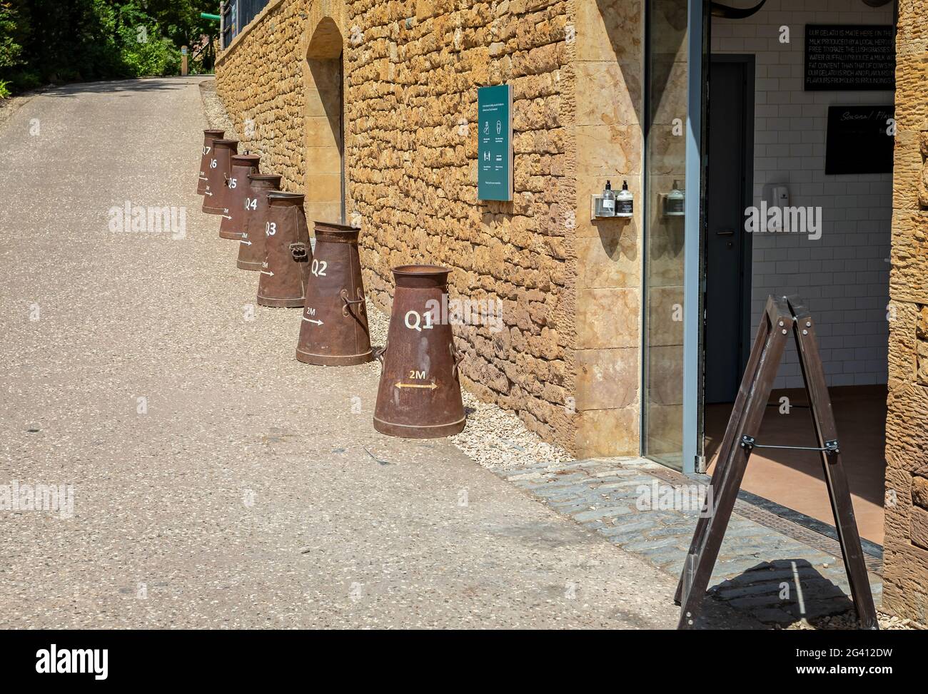 Am 15. Juni 2021 wurde bei Newt, in der Nähe von Bruton, Somerset, Großbritannien, eine soziale Distanz von 2 Metern durch Milchkrautaufschäumungen markiert Stockfoto