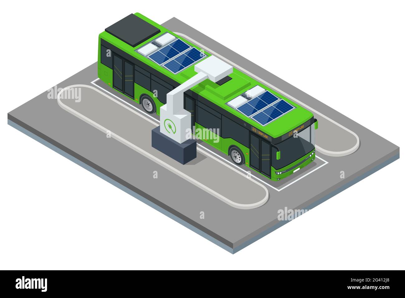 Isometrisch ein elektrischer Bus, ein Bus, der mit Strom versorgt wird. Ökologischer öffentlicher Verkehr Stock Vektor