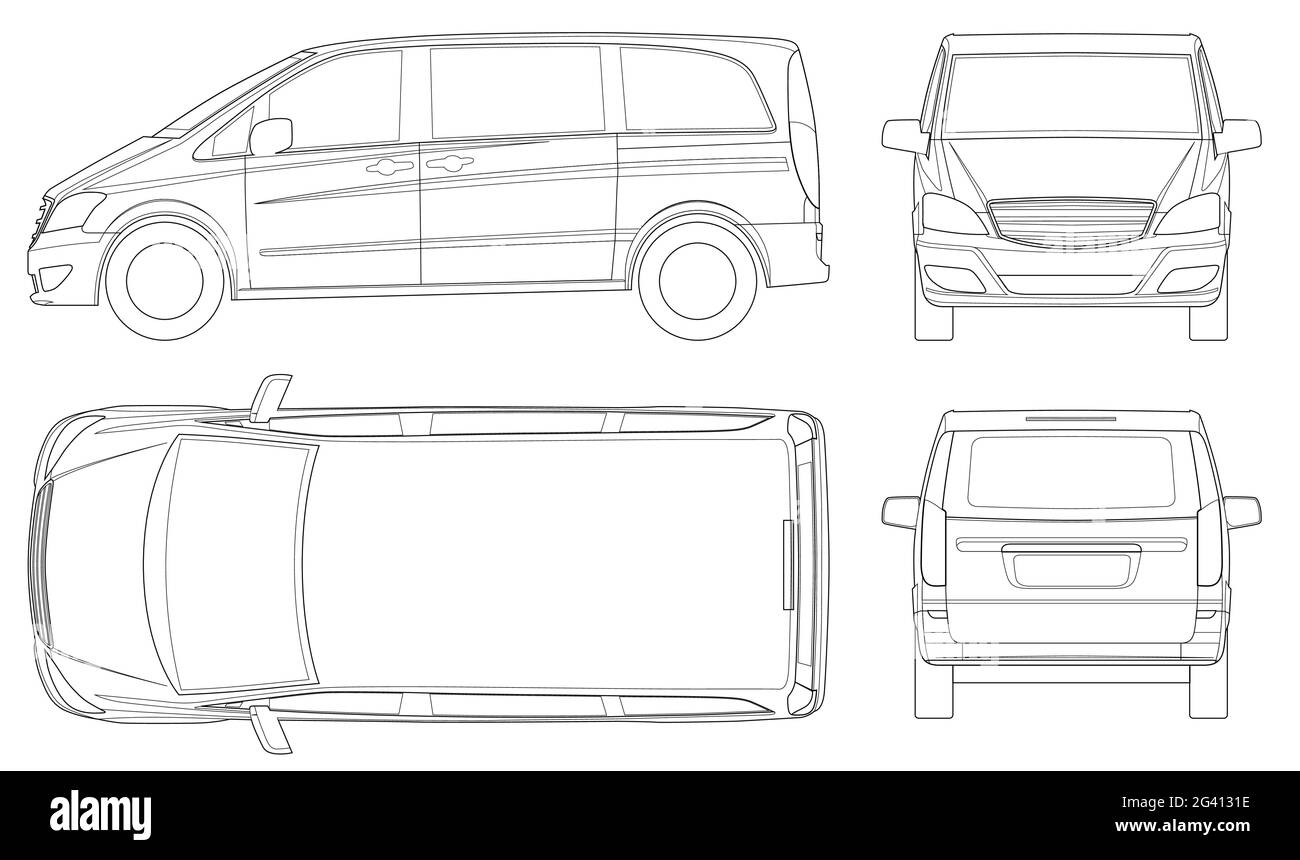 Ansicht vorne, hinten, seitlich, oben Elektro-Minivan mit Premium-Touch, Auto-Vektor-Vorlage auf weißem Hintergrund. Mehrzweckfahrzeug, SUV, 5-türiger Minivan Stock Vektor
