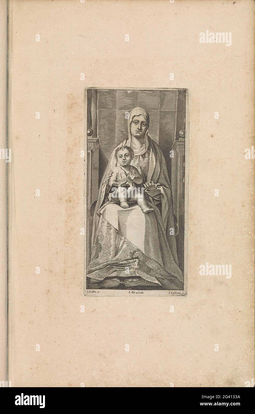 Sitzende Maria mit Christkind (Sedes Sapientiae). Maria sitzt auf einem Thron. Es gibt ein offenes Buch auf dem Knie des Christkindes. Christus macht die Segensgeste. Dieser Druck ist Teil eines Albums. Stockfoto