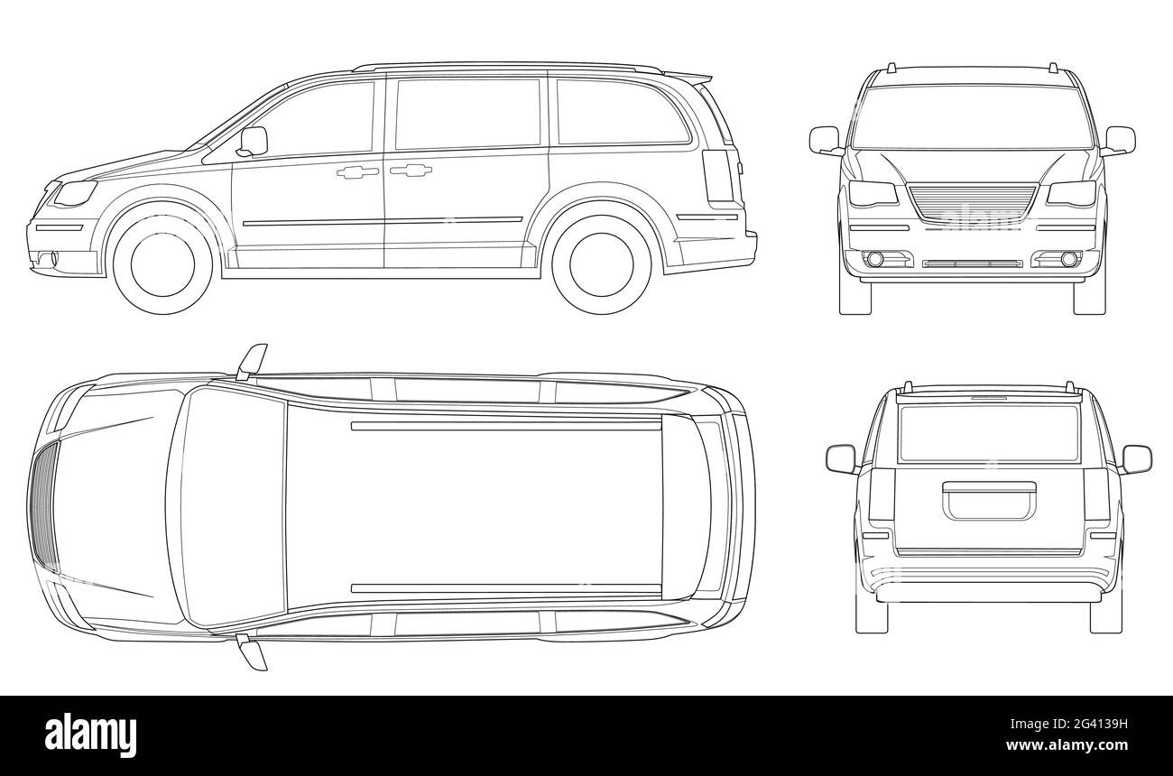 Vektor-Vorlage für Personenkraftwagen oder Minivan-Fahrzeuge auf weißem Hintergrund. Kompakter Crossover, SUV, 5-türiger Kleinbus. Car Line. Stock Vektor