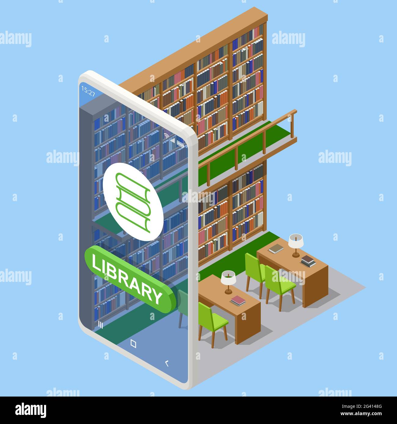 Isometrische Online-Bibliothek App zum Lesen, Buchhandlungen Konzept. E-Learning von zu Hause aus online auf dem Smartphone lernen. Stock Vektor